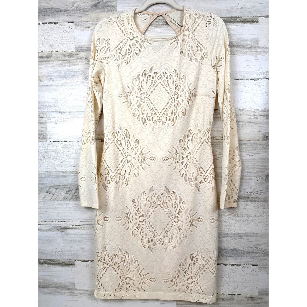 Mystic Los Angeles Womens L Cream Lace Boho Bodycon Open Back Midi Dress